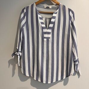 Cage Blue & White Striped 3/4 Sleeve Tunic Top Small Nautical Coastal Boho Flowy